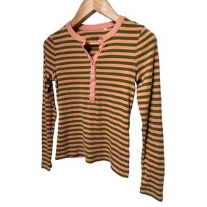 Boden Anna Rib‎ Henley T-Shirt Pink Green Long Sleeve US Size 8 UK Size 12 EUC